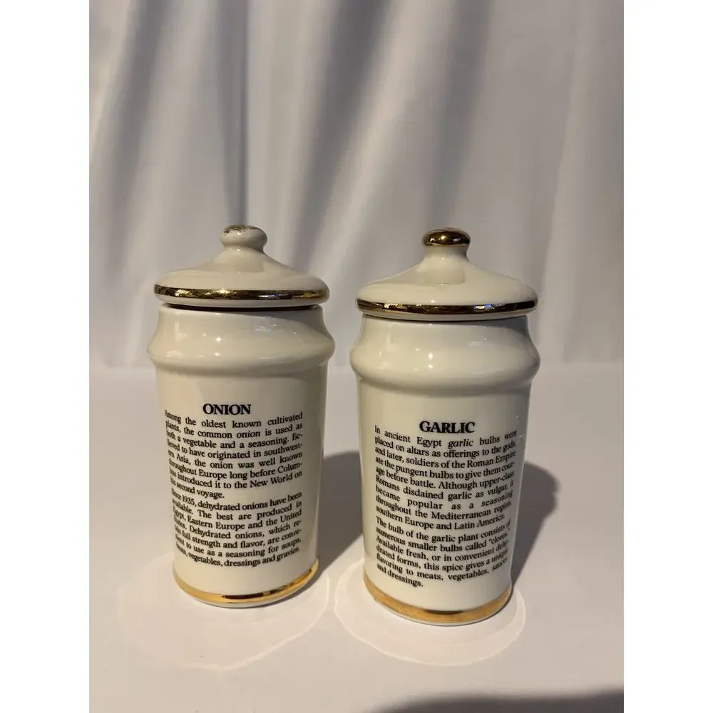 Vintage M.J. Hummel Onion & Garlic Porcelain Spice Jars Gold Trim Set of 2
